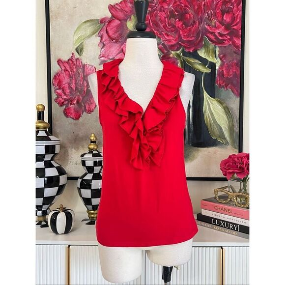 Lauren Ralph Lauren Tops - Lauren Ralph Lauren Women's Ruffle V-Neck Button Sleeveless Blouse Top Red Small
